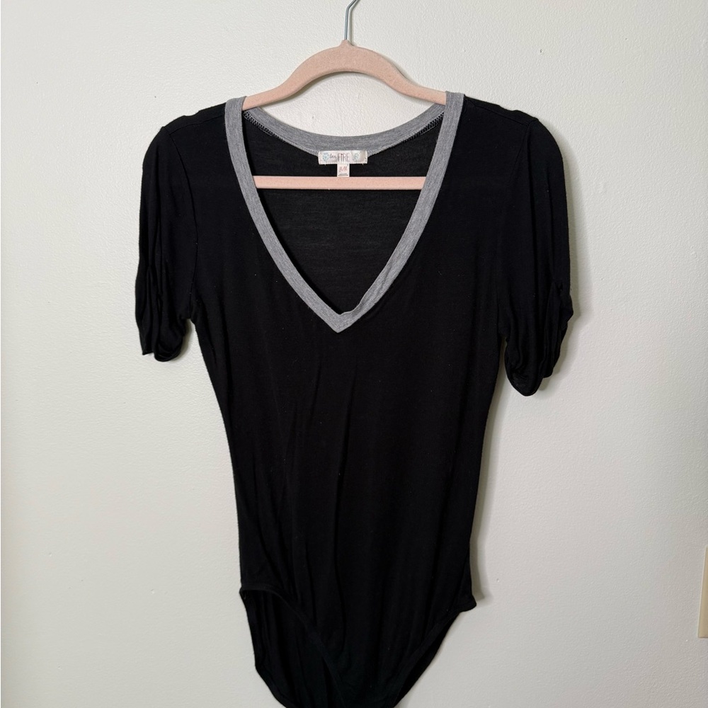 Black and Gray V-Neck Bodysuit